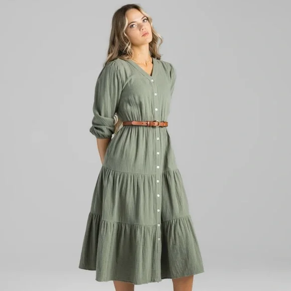 Olive Green Button-Up Dress - Picture 2 of 5